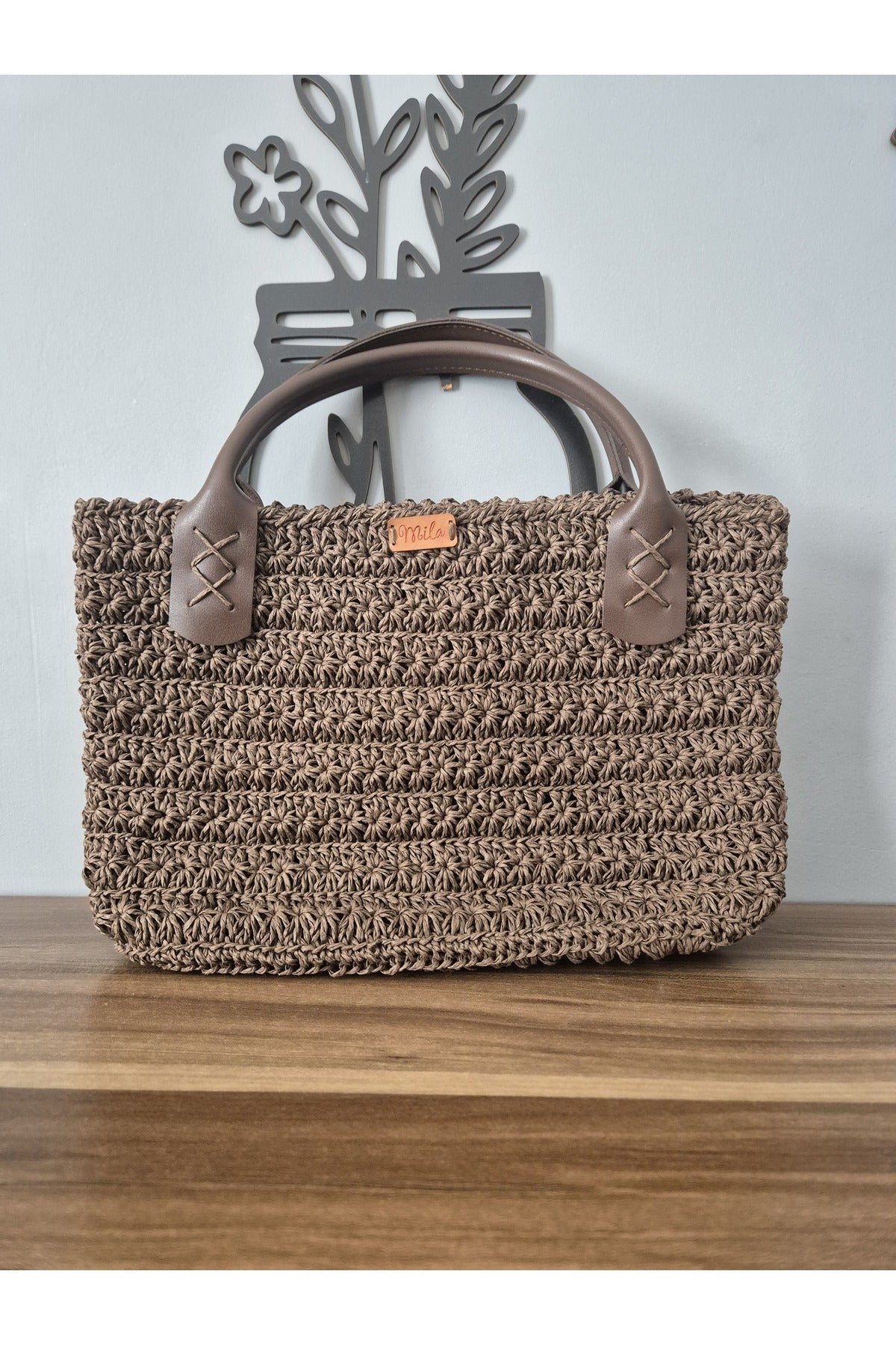 Kahverengi el örgüsü kağıt ip çanta