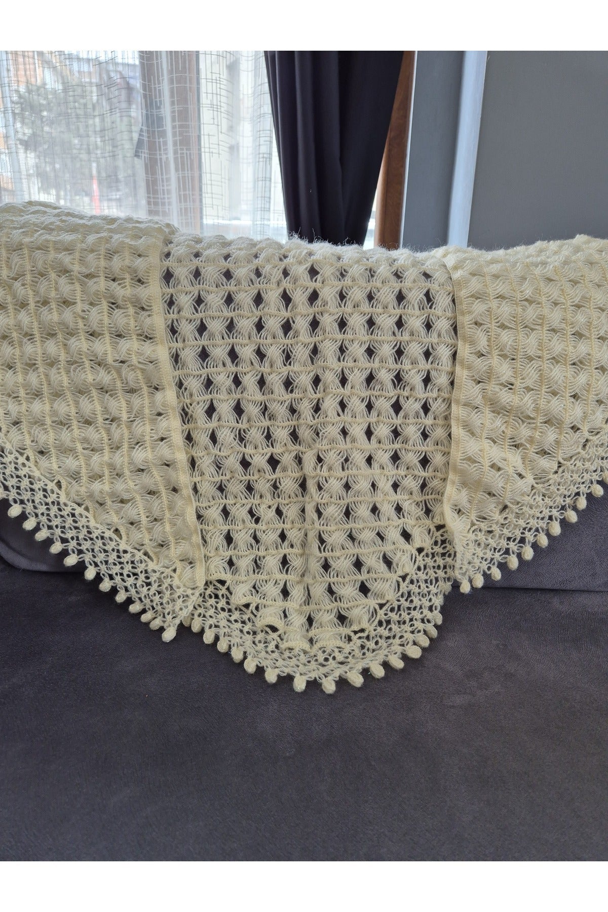 KREM RENGİ OKLAVA MODEL ÖRGÜ ŞAL