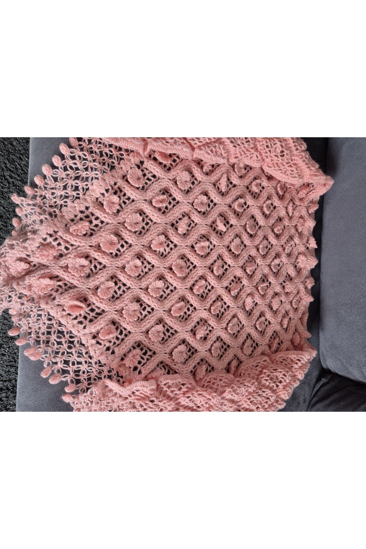 Pembe Simli İp Midye Model Örgü Şal