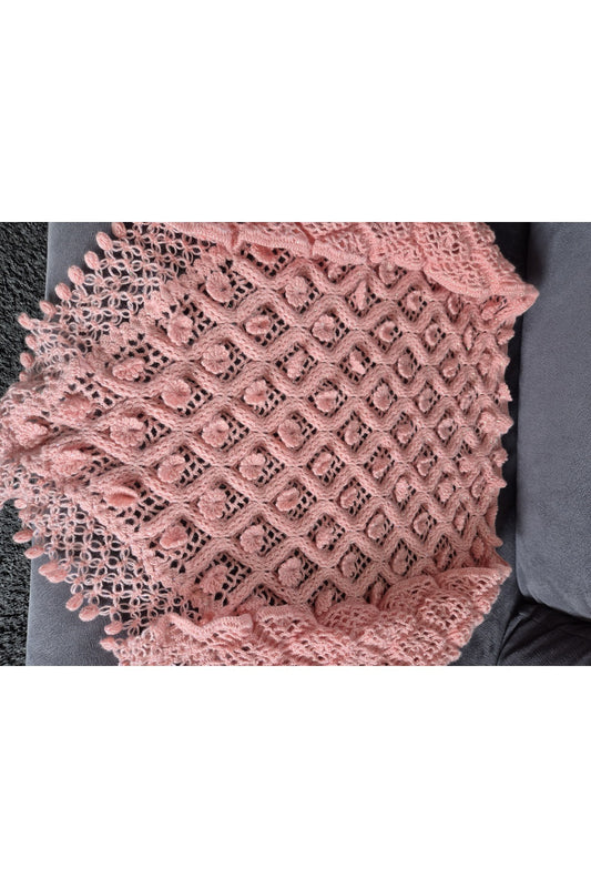 Pembe Simli İp Midye Model Örgü Şal
