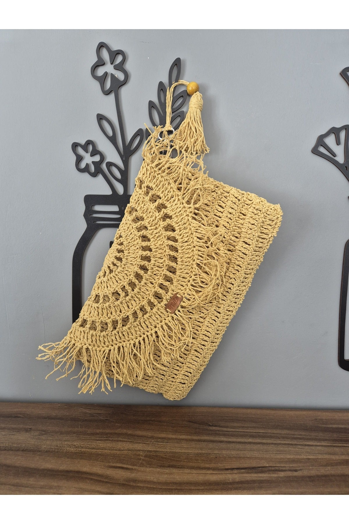 Sarı kağıt ip el örgüsü portföy çanta
