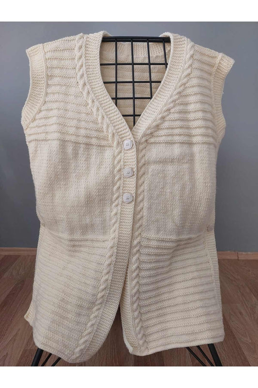 Krem Rengi Örgü Anne Yeleği