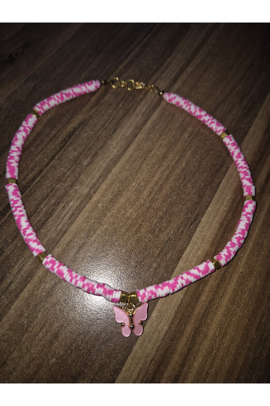 PEMBE KELEBEKLİ FİMO KOLYE