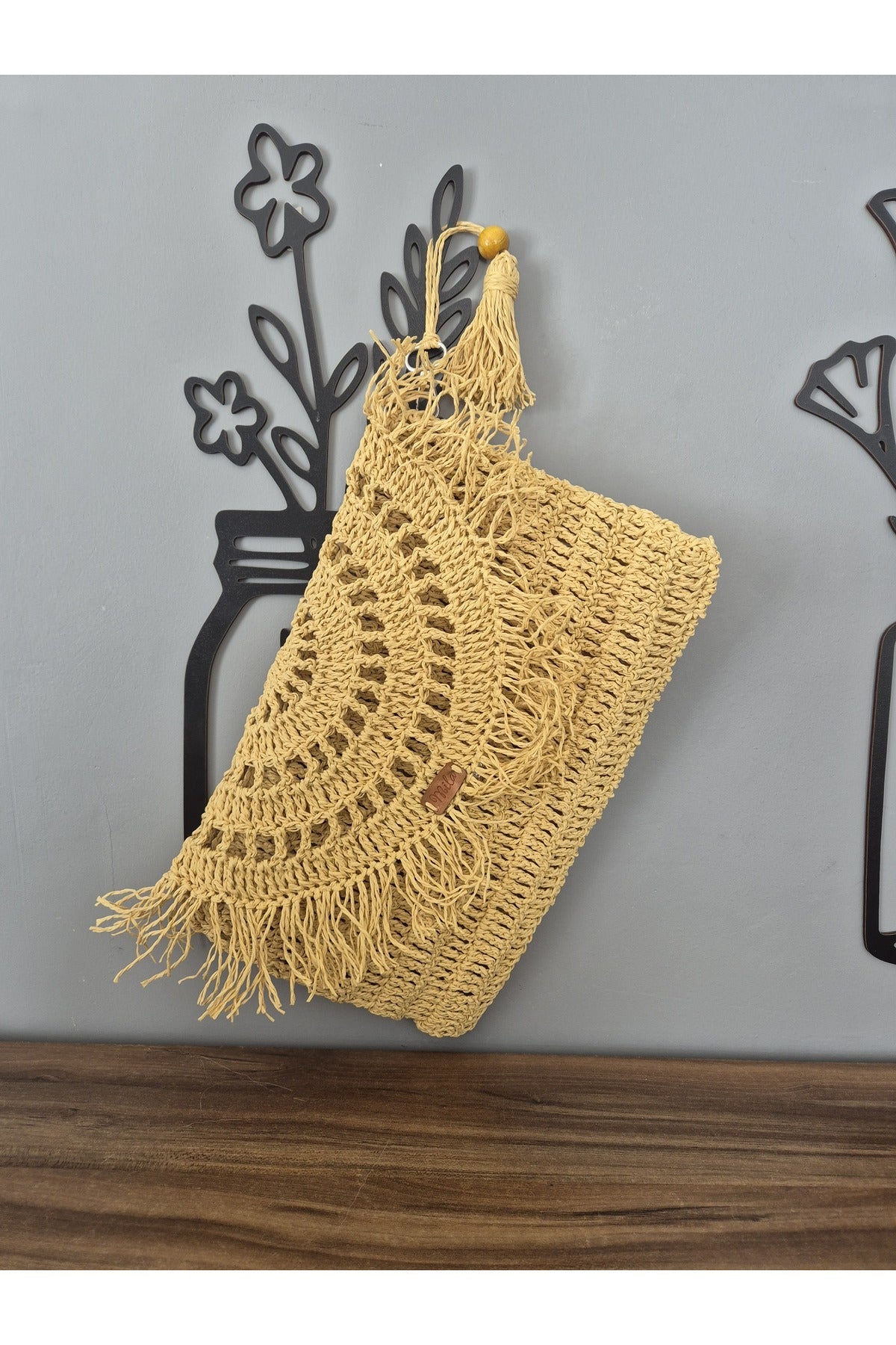 Sarı kağıt ip el örgüsü portföy çanta