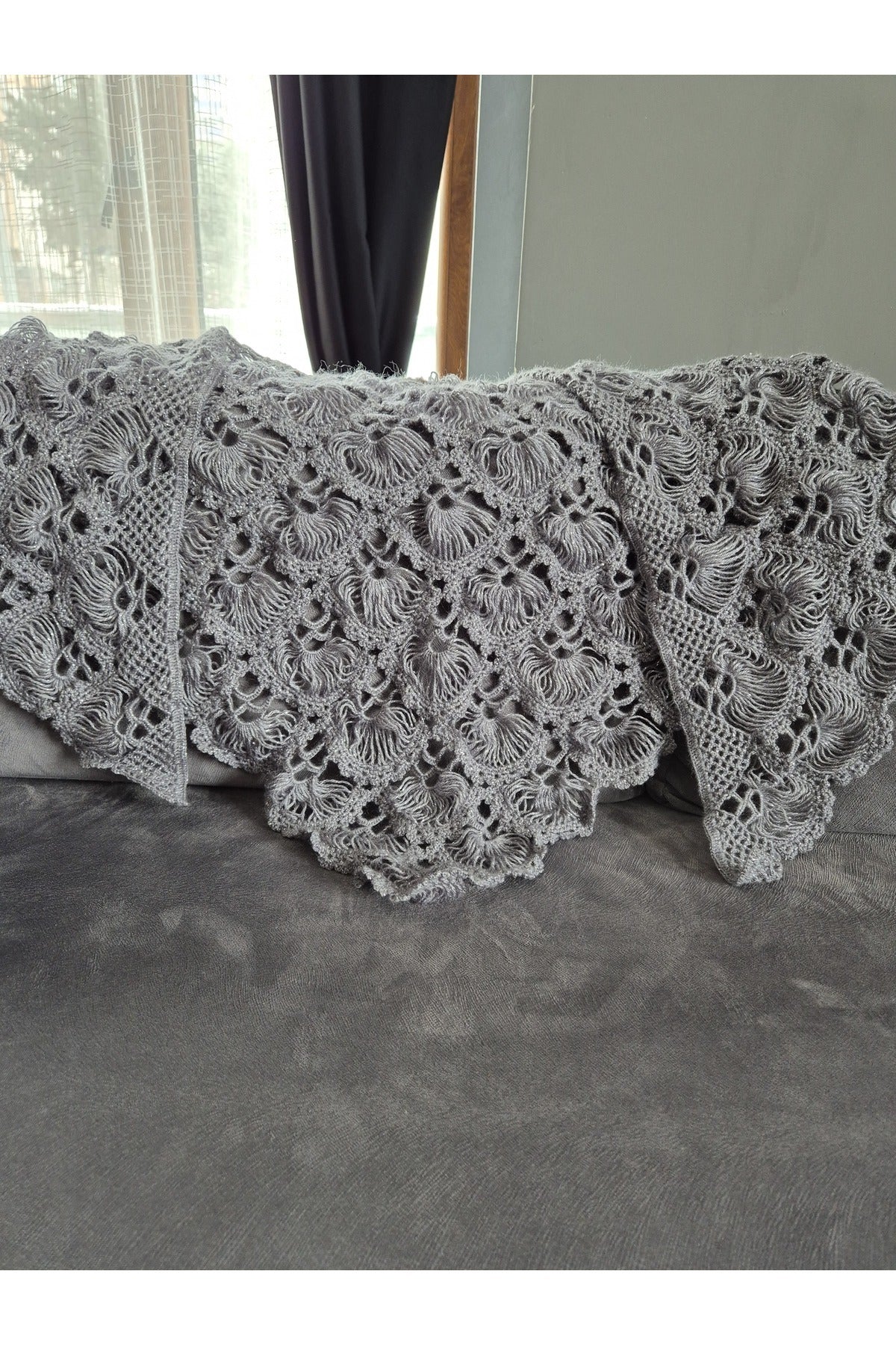 Gri Simli Yelpaze Model Örgü Şal