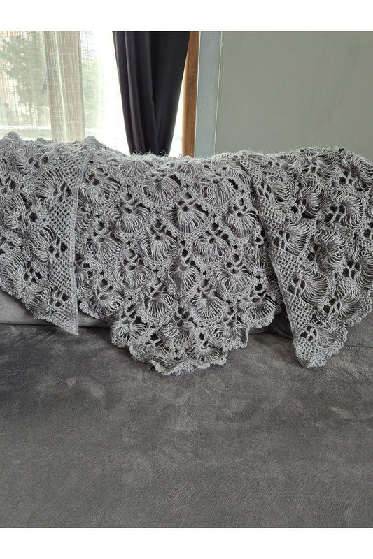 Gri Simli Yelpaze Model Örgü Şal