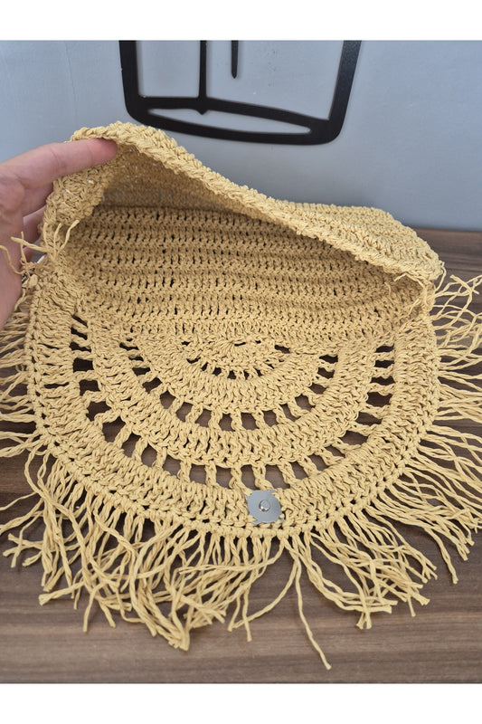 Sarı kağıt ip el örgüsü portföy çanta