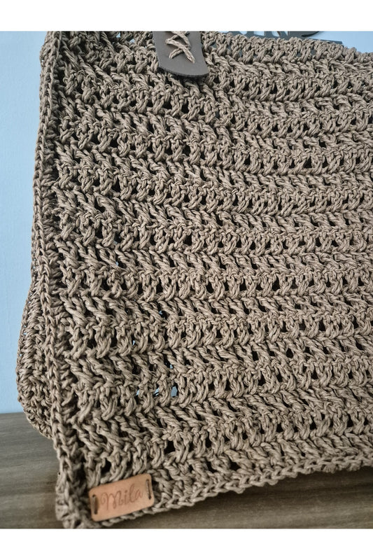 Kahverengi el örgüsü kağıt ip büyük omuz çantası