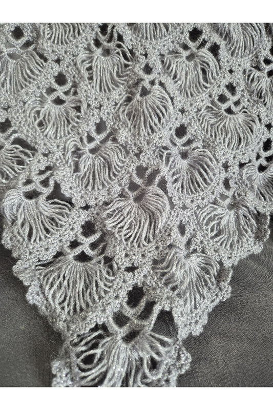 Gri Simli Yelpaze Model Örgü Şal