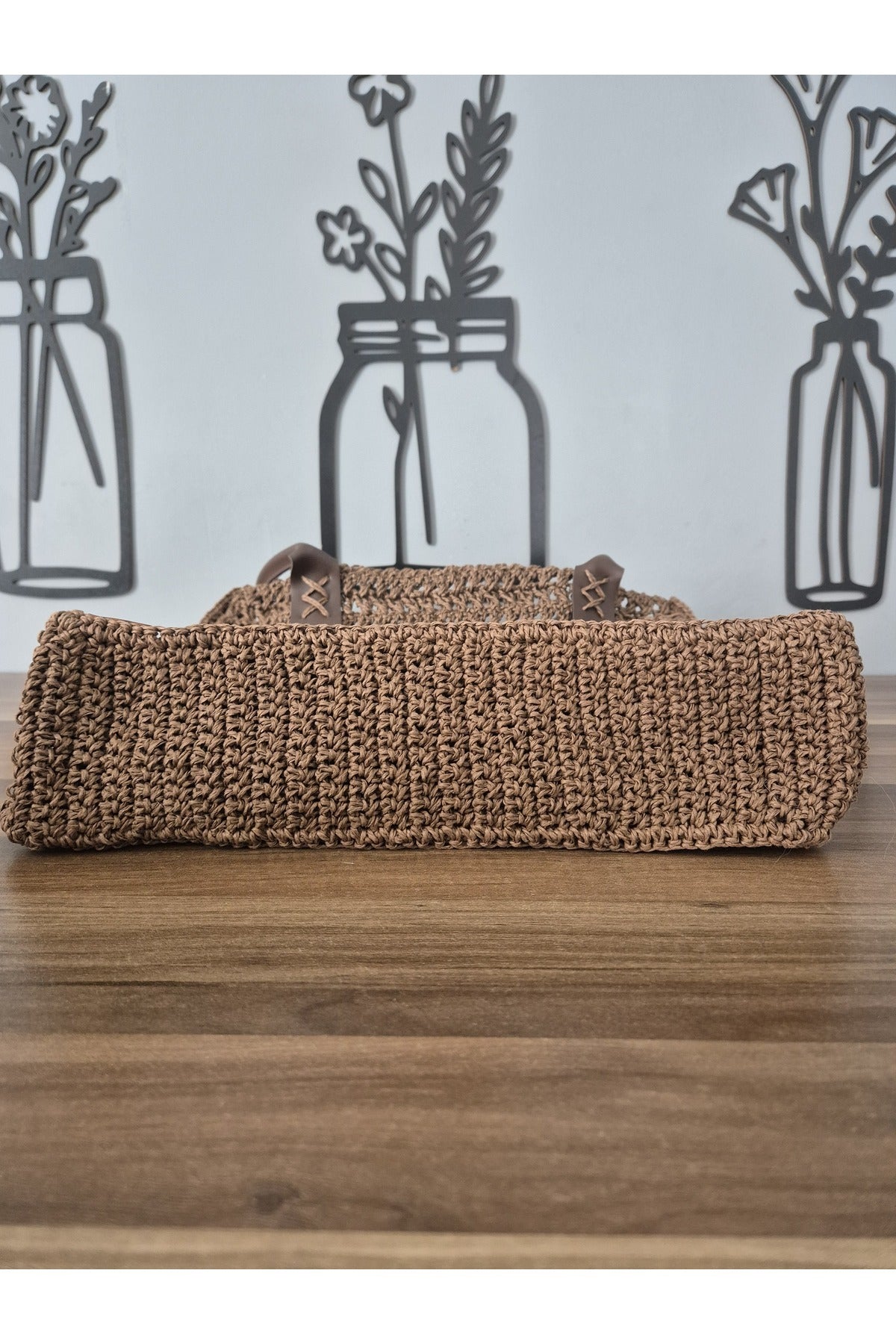 Kahverengi el örgüsü kağıt ip büyük omuz çantası