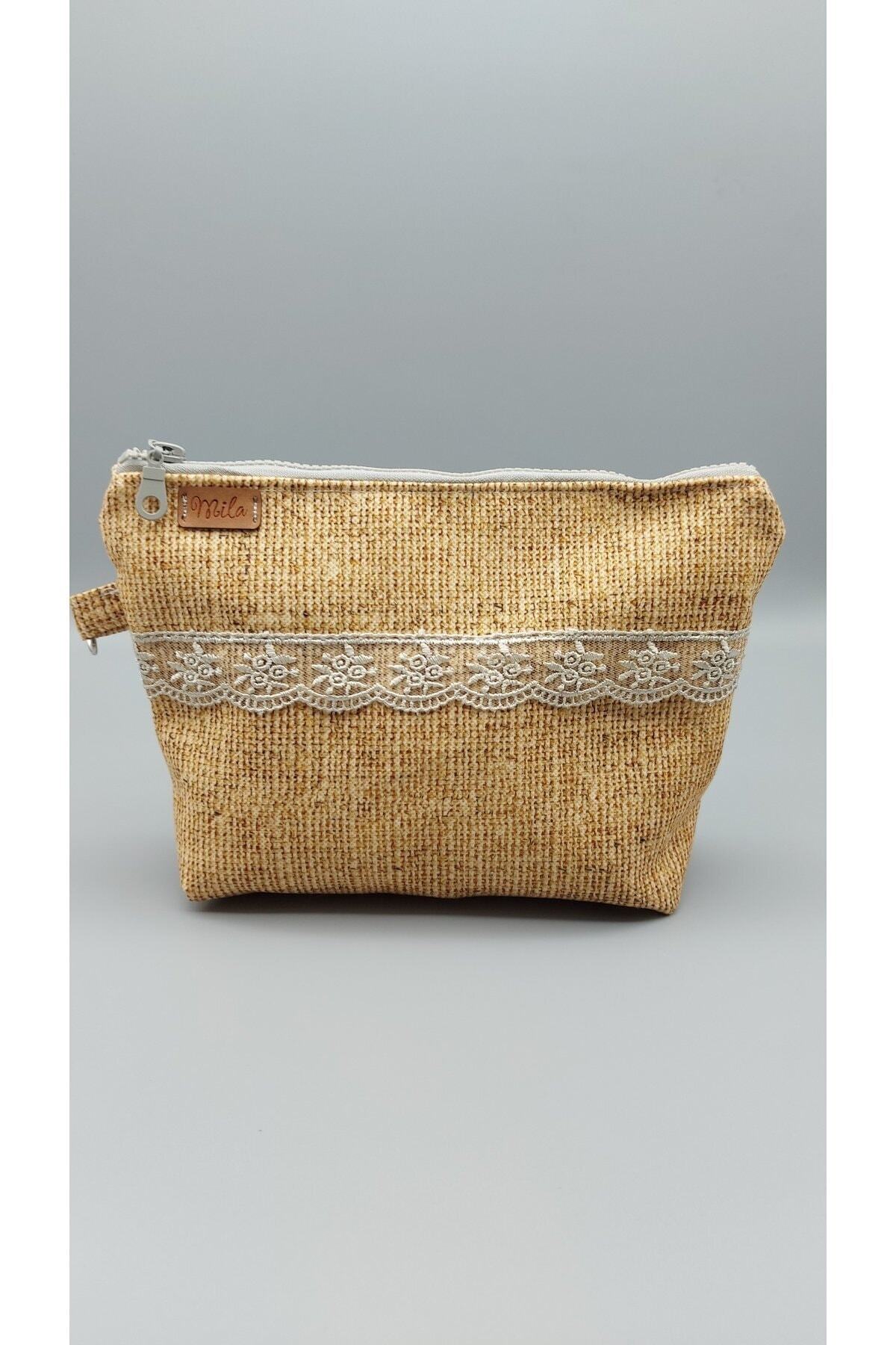 Jüt Desenli Sarı Makyaj Çantası (güpürlü)