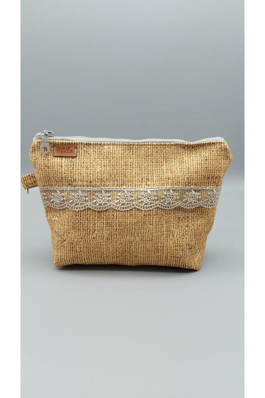 Jüt Desenli Sarı Makyaj Çantası (güpürlü)
