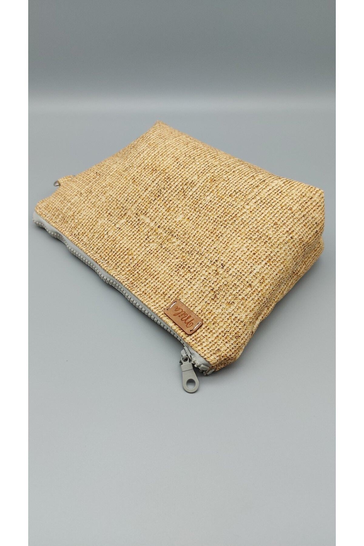 Jüt Desenli Sarı Makyaj Çantası