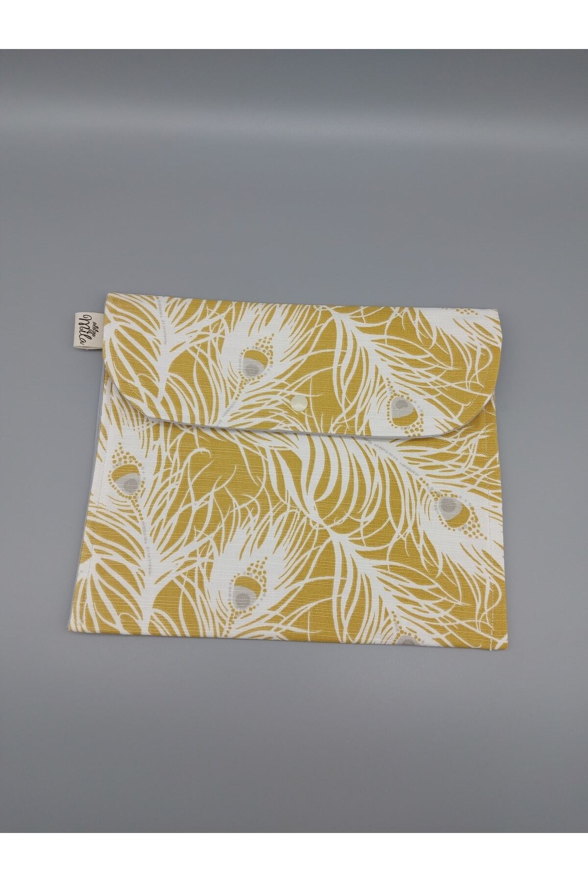 Sarı Tüy Desenli Kitap Çantası- Tablet Kılıfı