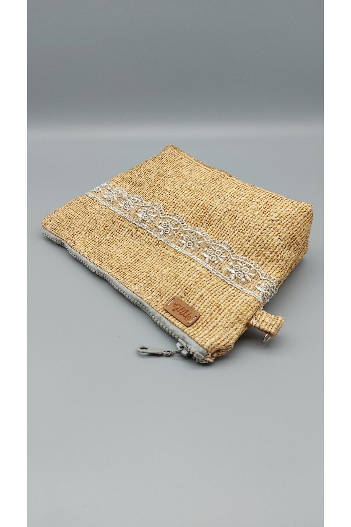 Jüt Desenli Sarı Makyaj Çantası (güpürlü)